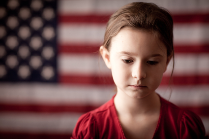 sad girl with US flag
